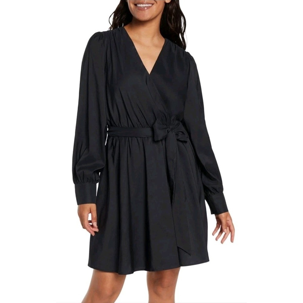 Express Womens Black Surplice Wrap Dress Puff Sleeve V-Neck Size XS
